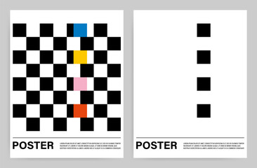 Set of geometric simple contemporary black and white posters with a checkerboard pattern and bright color accents in a minimalist style