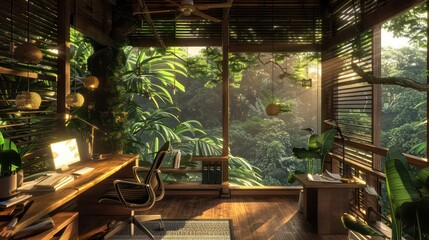 Fototapeta premium secluded workspace in a treehouse, featuring eco-friendly materials and a view over a dense, green forest