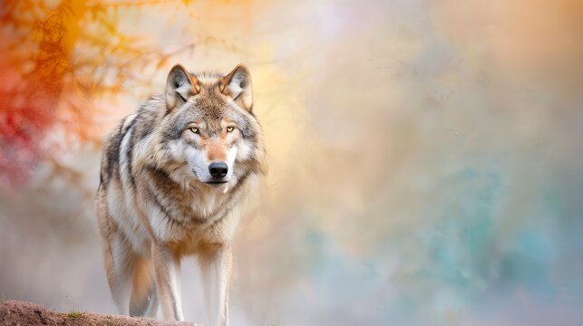 A majestic wolf stands confidently amidst a soft, colorful background, embodying the spirit of the wild and freedom.