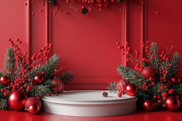 A white podium with Christmas decorations on a red background minimal mockup design