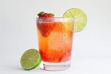Fototapeta premium A chilled glass of strawberry daiquiri garnished with a fresh lime slice, isolated on white background