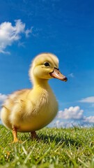 a baby yellow duck with blue sky