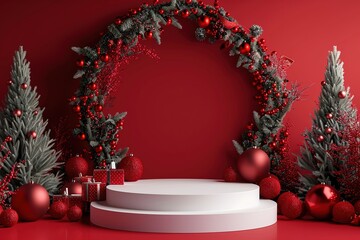 A white podium with Christmas decorations on a red background minimal mockup design