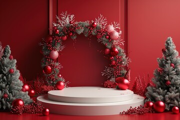 A white podium with Christmas decorations on a red background minimal mockup design