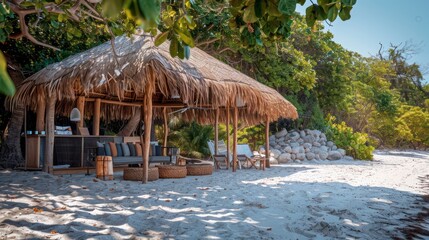 Fototapeta premium secluded beach pavilion set up as a temporary office, with eco-friendly materials and a thatched roof