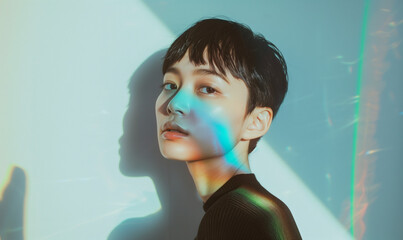 鮮やかな光を浴びる女性