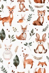 Obraz premium Forest animals and woodland creatures depicted in a seamless nature scene using watercolor style bring the charm of the forest to life.