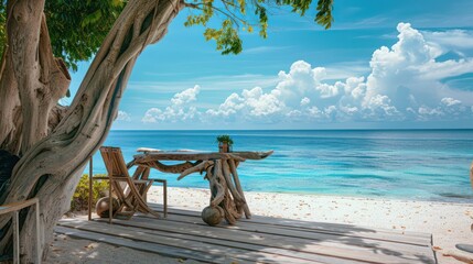serene beachfront workspace with a desk made of driftwood, overlooking a tranquil ocean