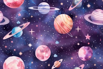 A space theme featuring stars and planets in a seamless cosmic pattern rendered in watercolor style evokes the wonder of the universe.