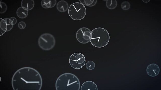 Clock symbols falling from the sky in front of black background, concept time management, animation