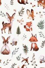 Naklejka premium Forest animals and woodland creatures depicted in a seamless nature scene using watercolor style bring the charm of the forest to life.