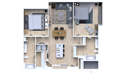 3d floor plan rendering for Two bedroom ,kitchen, living , and Bathroom.