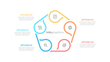Modern circles outline infographic cycle elements design template. Business process with marketing icons and 5 options or steps.