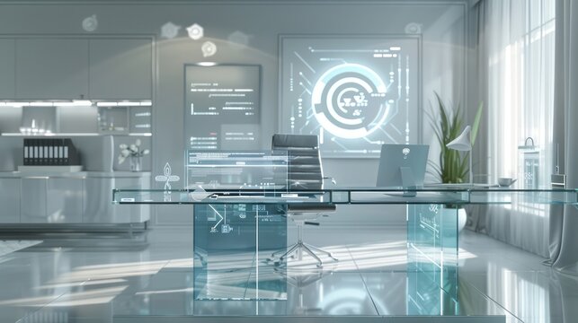sleek and futuristic office space with a glass desk, minimalist decor, and a holographic computer interface
