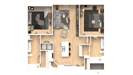 3d floor plan rendering for Two bedroom ,kitchen, living , and Bathroom.