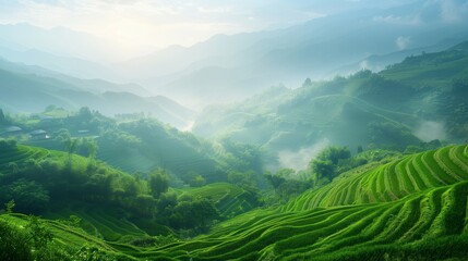 Naklejka premium A green terraced field in China
