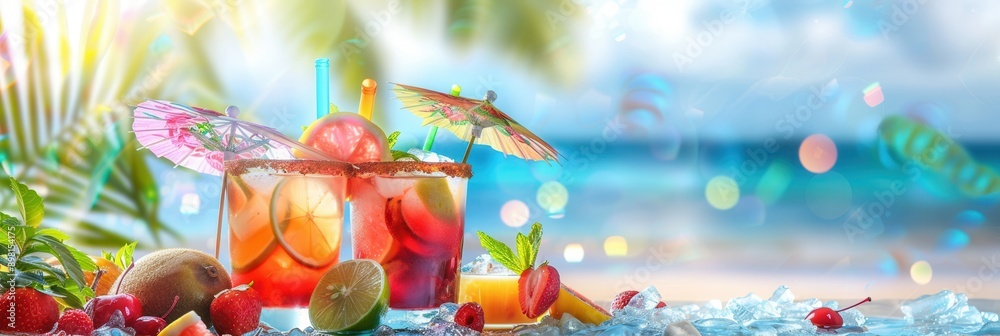 Aufkleber Refreshing cocktails adorned with vibrant fruits and umbrellas rest on a beach with an ocean backdrop. Generative AI