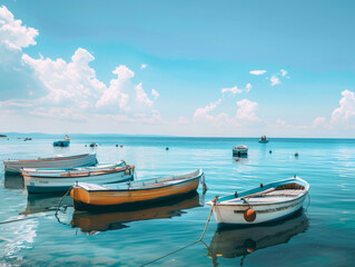 Naklejka premium Small boats bob gently in a calm sea
