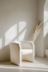 White chair in a bright, modern space with dried grass