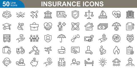 Insurance icons set vector illustration. Health insurance, car, home, life, travel, business, pet, dental, repair, and retirement insurance.