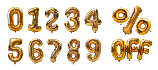 Set of golden numbers balloons isolated on transparent background. Generative AI	