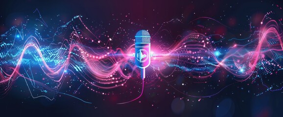 Obraz premium A digital rendering of a microphone surrounded by abstract glowing waves