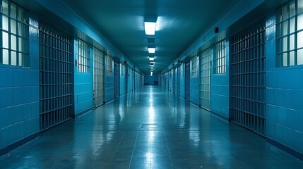 Fototapeta premium A well-lit, desolate image of an empty prison corridor with a sterile blue tone suggesting an oppressive atmosphere