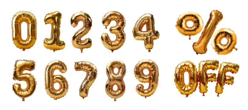 Set of golden numbers balloons isolated on transparent background. Generative AI	 - Powered by Adobe