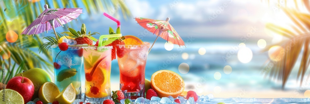 Aufkleber three colorful cocktails garnished with fruit and miniature umbrellas, sitting on a beach with a blu