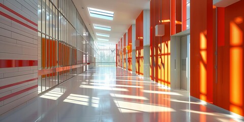 Bright modern prison hallway with bars and enhanced security features. Concept Prison Architecture, Enhanced Security Features, Modern Design, Bright Color Palette