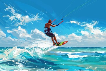 A kitesurfer catching air above turquoise waters on a sunny day
