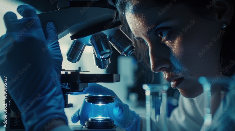 Poster A closeup image of a scientist examining a sample under a microscope in a laboratory