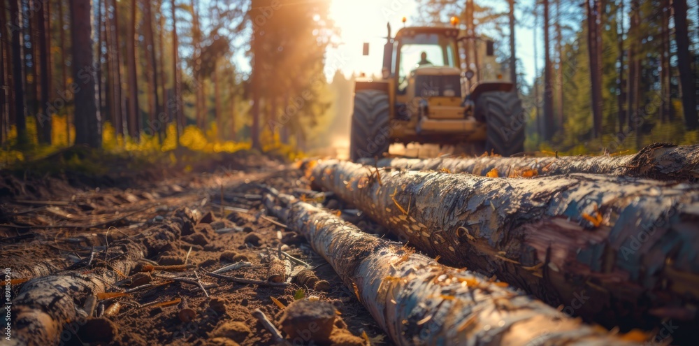 Poster A closeup of logs lying on a dirt path in a forest with a tractor in the background