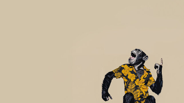 illustration d'un chimpanz&eacute; habill&eacute; avec une chemise &agrave; fleur, la bouche ouverte et un doigt en l'air - fond uni beige