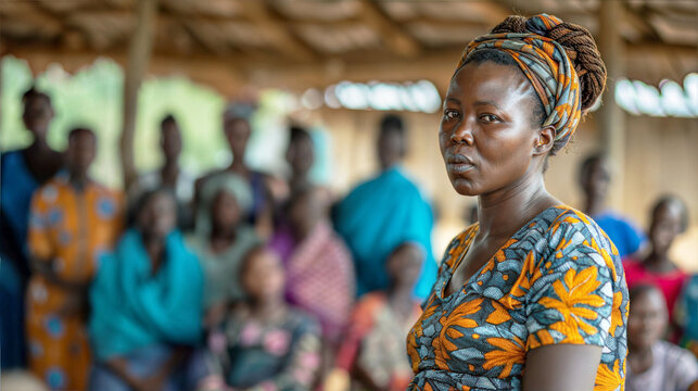 A woman in a colorful headscarf stands out from a group of people in a village