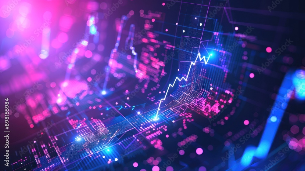 Poster a vibrant digital graph shows a rising trend line against a backdrop of glowing lights