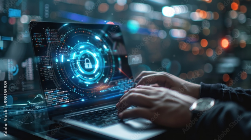 Aufkleber hands typing on a laptop with a glowing blue security lock icon on the screen