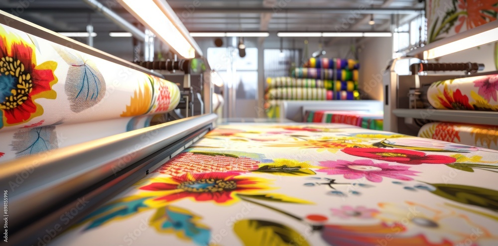 Poster A Closeup of Fabric Being Printed with a Vibrant Floral Pattern in a Factory Setting