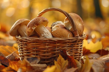 Basket of boletus edulis mushrooms in autumn forest with fallen leaves