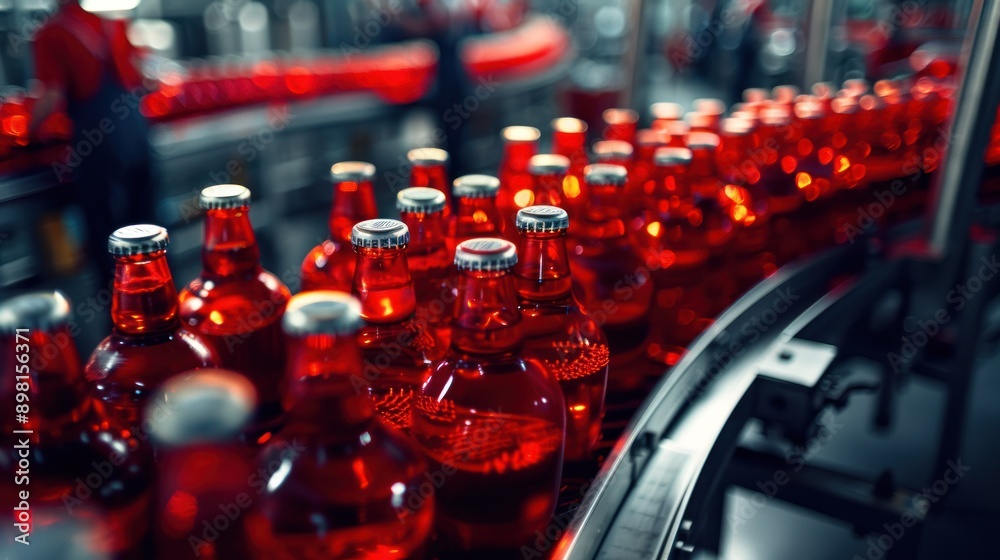 Poster a closeup shot of red glass bottles moving along a conveyor belt in a factory setting