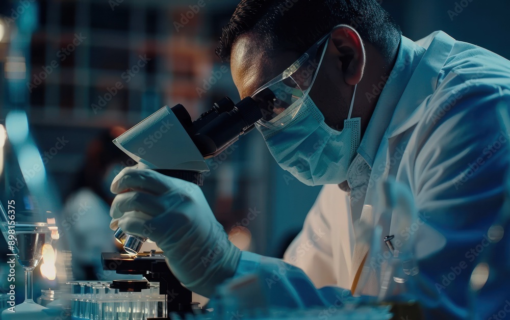 Poster a scientist in a lab coat and mask carefully examines a specimen through a microscope