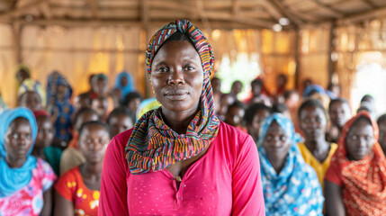 A woman in a pink shirt and a colorful headscarf looks directly at the camera in front of a group of people in a rural community center