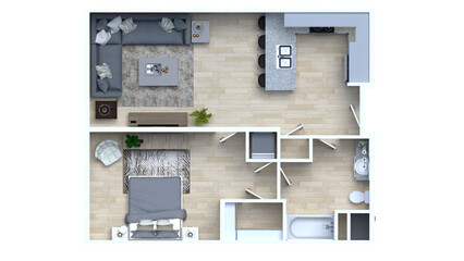 3d floor plan rendering for one bedroom ,kitchen, living , and Bathroom.