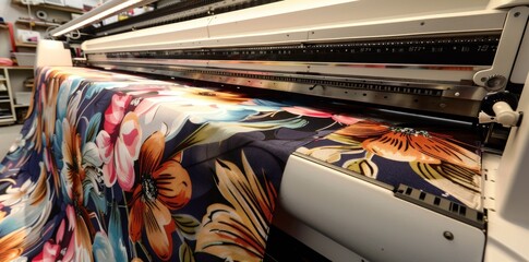 A closeup of a fabric with a floral print passing through an industrial printing machine
