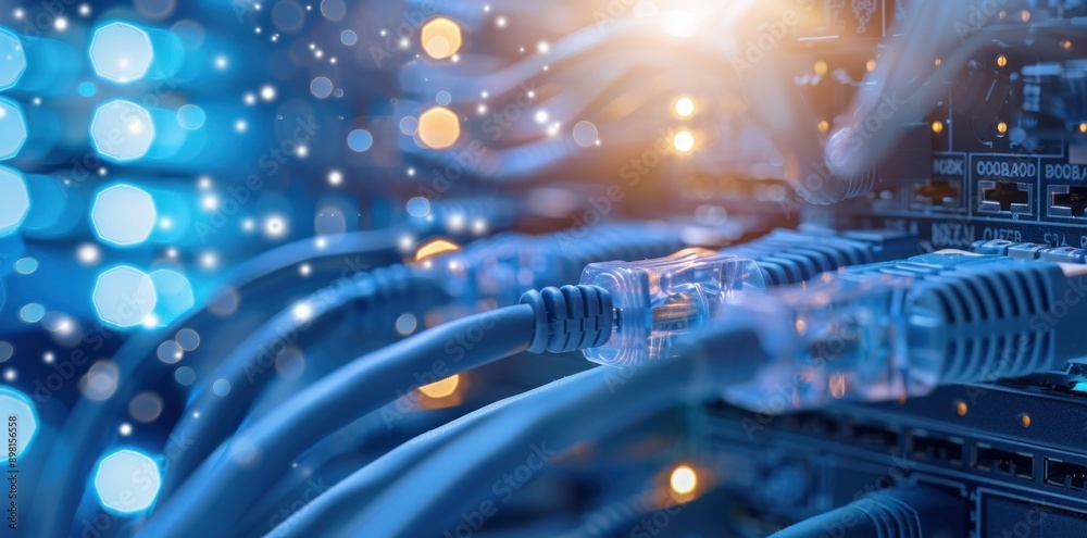 Poster Blue network cables plugged into a server in a data center