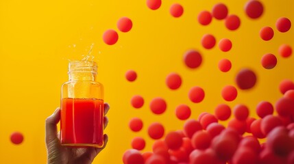 Vibrant Red Drink in a Jar with Floating Balls on Yellow Background
