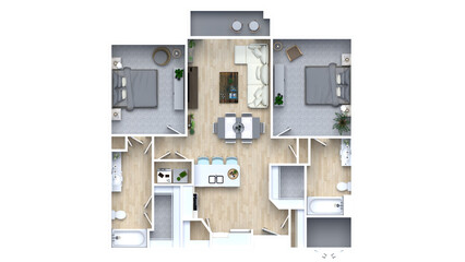 3d floor plan rendering for Two bedroom ,kitchen, living , and Bathroom.