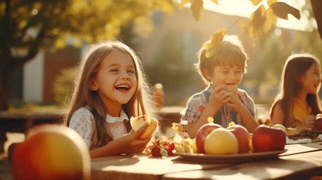 Happy and joyful children eating healthy food in the schoolyard. Back to school concept