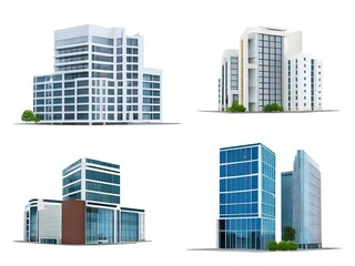 Different styles of modern buildings isolated on white background, high rise buildings.