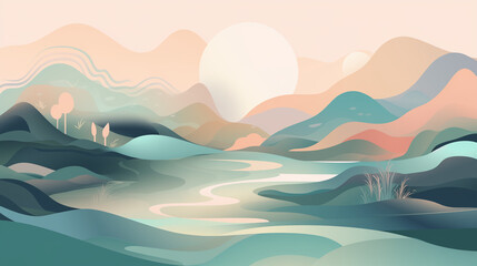 Landscape. beruhigende landschaft, a serene abstract scene with fluid, flowing shapes, calming pastel colors, and soft gradients. Incorporate gentle -KI Generiertes Bild- 
